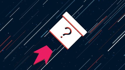 Poster - Gift box with a question symbol flies through the universe on a jet propulsion. The symbol in the center is shaking due to high speed. Seamless looped 4k animation on dark blue background with stars
