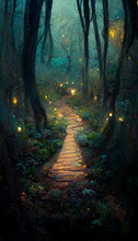 Path Through Magical Elven Woodland At Night By Gediminas Pran 3D Rendering