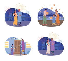 Poster - diwali indian holiday 2d vector isolated illustrations set. ancient fest celebrating flat characters