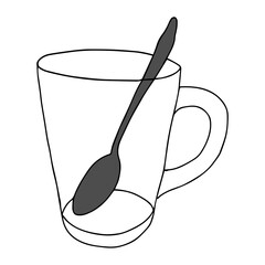 Wall Mural - Black hand drawing illustration of a glass transparent empty cup for hot tea or coffee with a gray spoon isolated on a white background