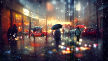 night city rainy weather blurred light people walk with umbrellas car traffic and building windows reflection Autumn in town ,urban life style scene