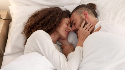 Sticker - Couple bed, love sleeping and happy in the bedroom together in the morning, smile for marriage in house and sleep in home. Man and woman talking and giving hug with affection, calm and peace