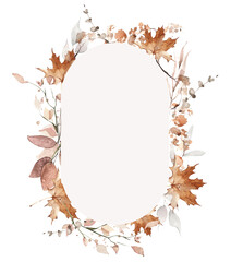 Watercolor oval frame on white background. Orange, gray, yellow autumn wild flowers, branches, maple leaves and twigs