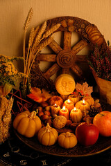 Sticker - Wiccan altar for Mabon sabbat. Wheel of the year, decorative pumpkins, candles, apples, flowers on table. pagan, Wiccan traditions. Witchcraft, esoteric spiritual ritual for autumnal equinox