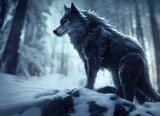 majestic huge wolf in snow forest, digital illustration