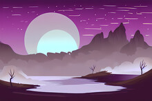 Dark Purple Landscape, Giant Moon Over The Hills