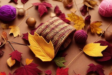 Canvas Print - Flat lay autumn composition Knitted woolen pink female sweater or plaid, golden dry leaves on burgundy brown background top view copy space Fall concept Fashion color, cozy autumn thing, clothes , ani