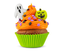 Cupcake On Halloween. Pumpkin Jack O Lantern And Ghost. Dessert On Halloween Party. Muffin Decorated With Colored Sprinkles, Candy, Frosting And Icing. Chocolate Cupcake Or Cake. 100% White Background