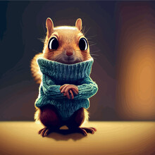 Animated Illustration Of A Cute Squirrel, Animated Squirrel Portrait. Animated Squirrel With Sweater