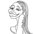 Stylish woman portrait with long hair and botox lips. Vector hand drawn caricature line style illustration of glamour makeup young woman with tattoo decor body isolated on white.