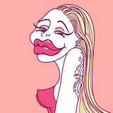Fototapeta  - Stylish woman portrait with long blonde hair and botox lips. Vector caricature illustration of glamour makeup young woman with tattoo decor body on pink background
