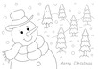 cute christmas snowman and snowy day with trees. easy coloring page you can print on standard a4 paper