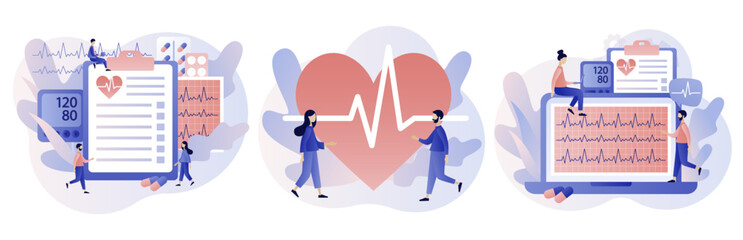 Cardiology treatment and checkup. Heart health and disease. Blood pressure, pulse rate and cholesterol. Medical concept. Modern flat cartoon style. Vector illustration on white background