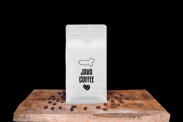 Wall Mural - Java coffee beans and white package on wooden board with black isolated background