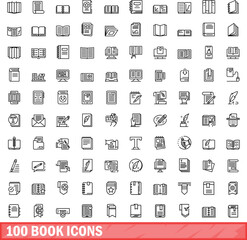 Sticker - 100 book icons set. Outline illustration of 100 book icons vector set isolated on white background