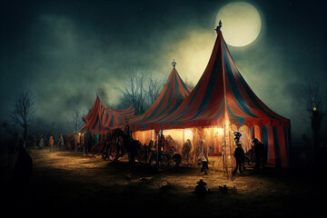 Wall Mural - halloween haunted circus underneath a pale moon digital illustration, created with generative ai
