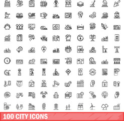 Sticker - 100 city icons set. Outline illustration of 100 city icons vector set isolated on white background