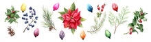 Christmas Watercolor Decoration Elements. Poinsettia Flowers, Christmas Lights, Holly Berry, Coniferous Branches, Rosehip, Coin