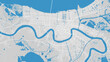 Mississippi river map, New Orleans city, USA. Watercourse, water flow, blue on grey background road street map. Detailed vector illustration.