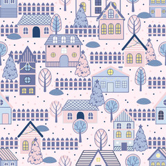  Seamless pattern with Christmas houses and Christmas tree. Great for fabric, textile vector illustration