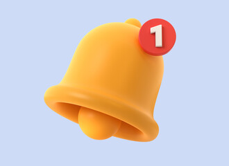 Poster - 3d icon of a yellow bell and a red sign of a missed notification in a minimalistic cartoon style. illustration isolated on blue background. 3d rendering