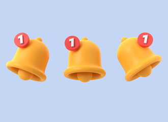 Poster - 3d icon of a yellow bell and a red sign of a missed notification in a minimalistic cartoon style. illustration isolated on blue background. 3d rendering