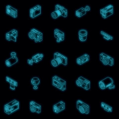 Poster - Camcorder icons set. Isometric set of camcorder vector icons neon color on black