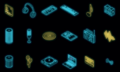 Poster - Playlist icons set. Isometric set of playlist vector icons neon color on black