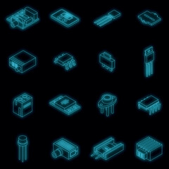 Poster - Voltage regulator icons set. Isometric set of voltage regulator vector icons neon color on black