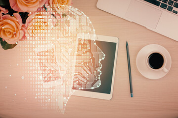 Double exposure of brain drawing over work table desktop. Top view. Global data analysis concept.