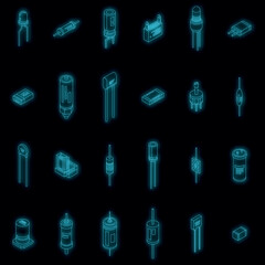 Poster - Capacitor icons set. Isometric set of capacitor vector icons neon color on black