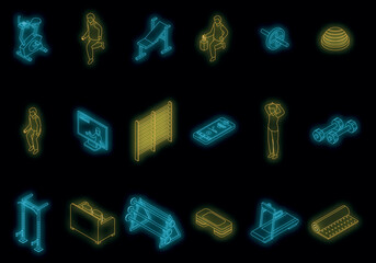 Poster - Home gym icons set. Isometric set of home gym vector icons neon color on black