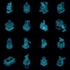 Poster - Press form machines icons set. Isometric set of press form machines vector icons neon color on black