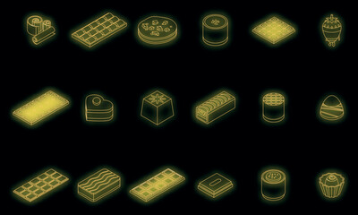 Poster - Chocolate icons set. Isometric set of chocolate vector icons neon color on black