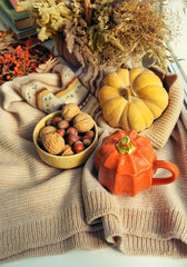 Wall Mural - Autumn background. Pumpkin shape cup, nuts, pumpkin, dry grass and knitted sweater close up on windowsill. symbol of fall season. home cozy composition for Halloween, Thanksgiving holiday. top view