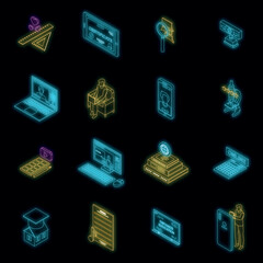 Poster - Distance education icons set. Isometric set of distance education vector icons neon color on black