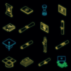 Poster - Degree icons set. Isometric set of degree vector icons neon color on black