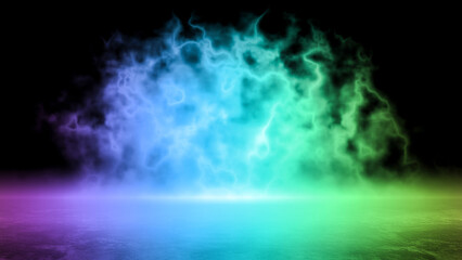 Wall Mural - Abstract smoke over the asphalt illuminated by multicolored neon lights, futuristic conceptual world. Background with street, asphalt, fluorescence, glow, space, elements. 3d render art modern design.