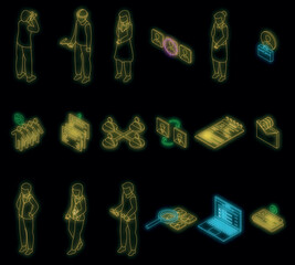 Poster - Human resources icons set. Isometric set of human resources vector icons neon color on black