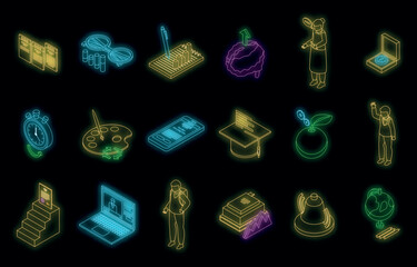 Poster - Education workflow icons set. Isometric set of education workflow vector icons neon color on black