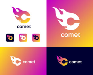 Poster - C monogram with fire. Comet emblem. Burning letter C. Identity, corporate style, app button set.