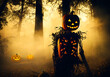 Terrifying Halloween pumpkin on a scarecrow, design and decor for Halloween party and scare the children, 3D rendering