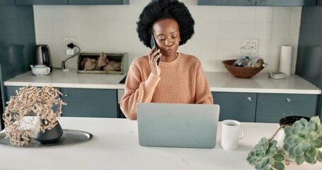 Aufkleber - Phone call networking, laptop work and black woman planning on technology, communication on the web and talking on mobile in home kitchen. Remote African entrepreneur working on computer for internet