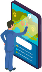 Poster - Gps navigation in smartphone, tracking with mobile app, search for path. Man looking at map of area with marks. Position for orientation and determination of location. Scheme of guide roads and routes