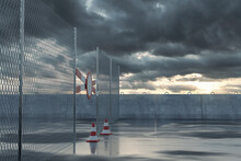3D Rendering Of Restricted Area With Wet Asphalt And Fence In The Evening Sunlight