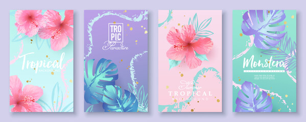 Wall Mural - Set of trendy tropical backgrounds with jungle flowers and plants. Vector design template for social media.