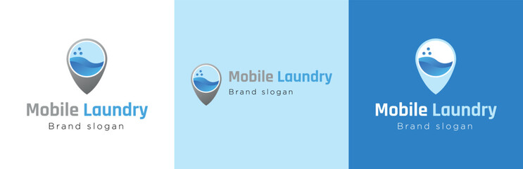 Wall Mural - Mobile laundry service logo design set, washing clothes symbol, wash machine business emblem concept, textile cleaning house editable commercial logotype, isolated on background