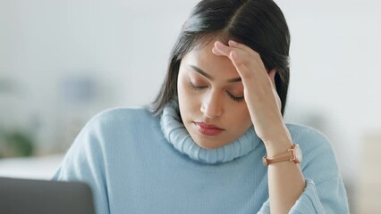 Canvas Print - Burnout, stress and headache with business woman working on laptop for report, review or audit. Mental health, anxiety and sad employee busy online while tired, fatigue and in pain at office