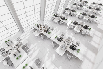 Wall Mural - Top view of minimal style modern white office 3d render The room is comfortable and bright with natural light from many windows furnished with black and white furniture