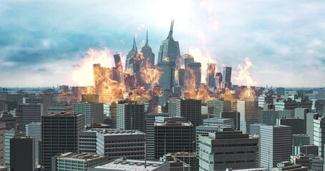 Wall Mural - powerful explosion in the city center. buildings collapsing. war and destruction related cg concept.